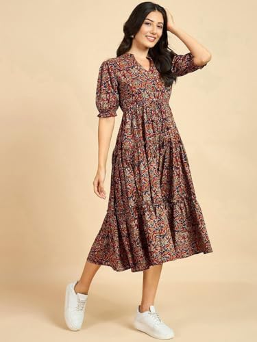 Image of PRESHA Women's Fit and Flare Pure Cotton Long Maxi Dress (SP-24 Maroon)