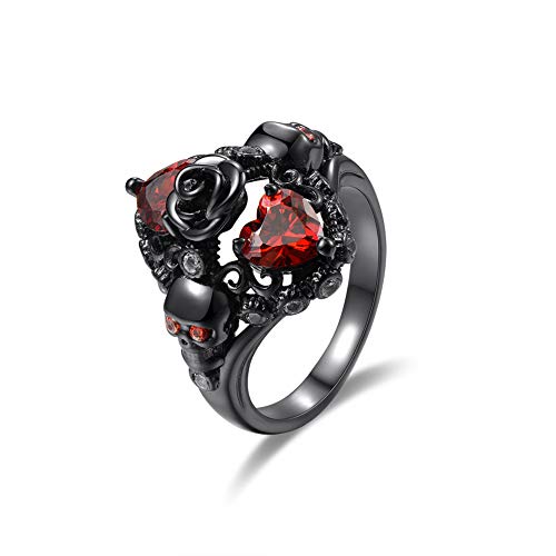 Black Gold Plated Skull Gothic Death Rose Flower Ring Red Garnet Birthstone Wedding Statement Cocktail Party Biker Ring (US Code 10)