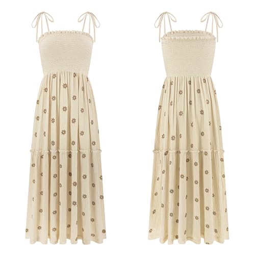 Image of R.Vivimos Womens Summer Cotton Boho Midi Dress 2026 Spaghetti Strap Floral Embroidered Smocked Tiered Flowy Long Dresses