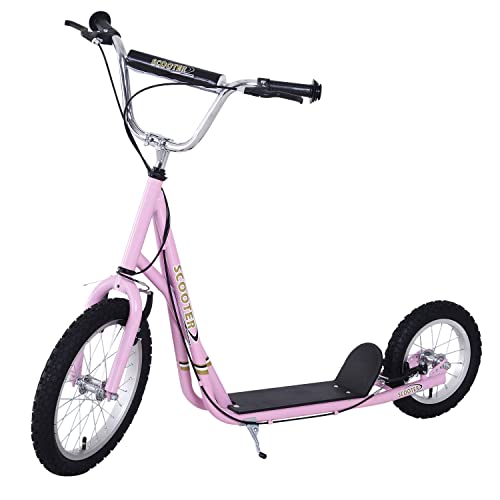 HOMCOM Trottinette patinette Enfant à partir de 5 Ans Grands pneus Guidon réglable poignées Freins et béquille Acier Rose