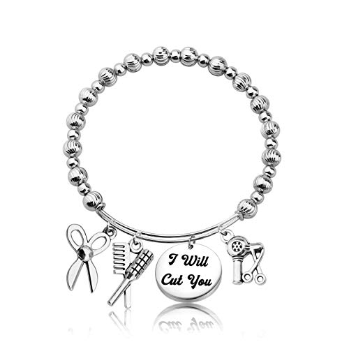 HOLLP Expandable Hairdresser Bracelet Hair Stylist Gift I Will Cut You Hairdresser Jewelry Scissor Bangle Bracelets with Comb Hair Drier Charm Graduation Gift (Meniscus)