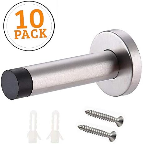 Modern Door Stop with Rubber Bumper, CBTONE 10 Pack Stainless Steel Wall Mount Door Stopper with Screws and Anchors, Brushed Finish, 3.5 Inch in Height