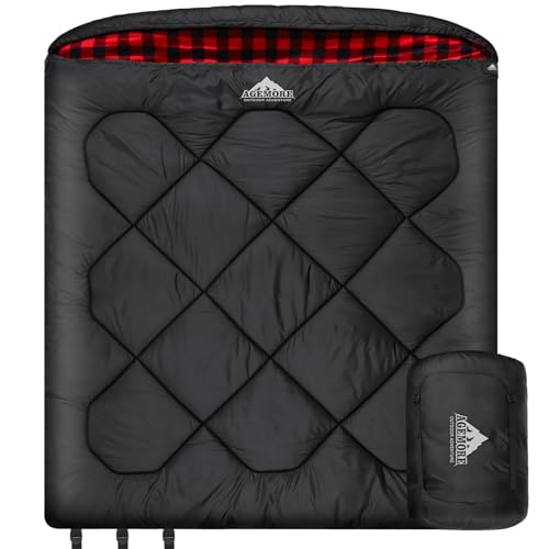 AGEMORE 0 Degree Double Sleeping Bag for Adults, Cotton Flannel Lined 2 Person Queen Size Sleeping Bag for Winter, Double Wide & Warm for Family Couples Camping Or RV Traveling