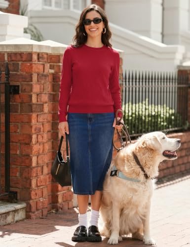 LOMON Ladies Sweaters Cable Knit Sweater Long Sleeve Casual Tops, Red L - image 3