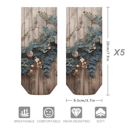 Leaves Floral on Rustic Wood Ankle Socks for Men & Women, 5 Pairs Breathable Soft Low Cut Socks, Stretch Sweat Wicking Sox2