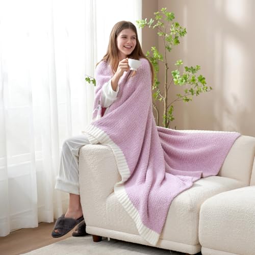 Image of Snuggle Sac Lilac Throw Blanket for Couch, Super Soft Warm Blankets Cozy Knit Fuzzy Lightweight Throws for Sofa, Bed, Living Room, Heather Lilac, 50x70 inches