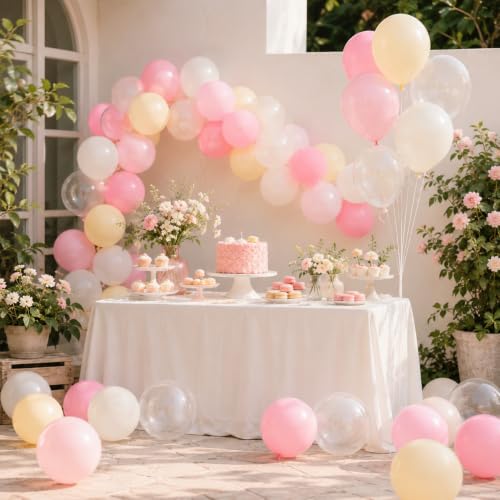 Image of Pink and Yellow Balloons, 12 Inch Pastel Balloon for Bridal Baby Shower | Baby Light Pink Yellow Ivory Clear Transparent Balloons Helium Latex Balloon for Wedding Anniversary Bee Bear Themed Party