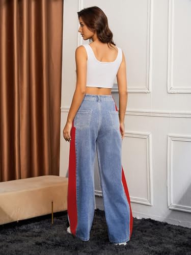 Women's High Waisted Patchwork Striped Wide Leg Jeans Y2K Baggy Color Block Loose Fit Denim Pants4