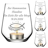 Personalisiertes Teelicht Glas mit Gravur zur Kommunion - Windlicht mit Name Datum & Wunschtext - Konfirmation Firmung Taufe - Geschenk für Mädchen & Jungen - Text bis 4 Zeilen