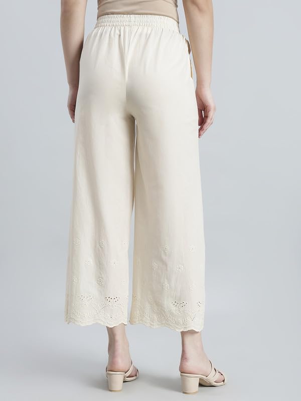 Image of GO COLORS Women Cotton Hakoba Wide Pant Ankle Length, Floral Embroidery, Relaxed Fit, Mid-Rise with Side Pocket