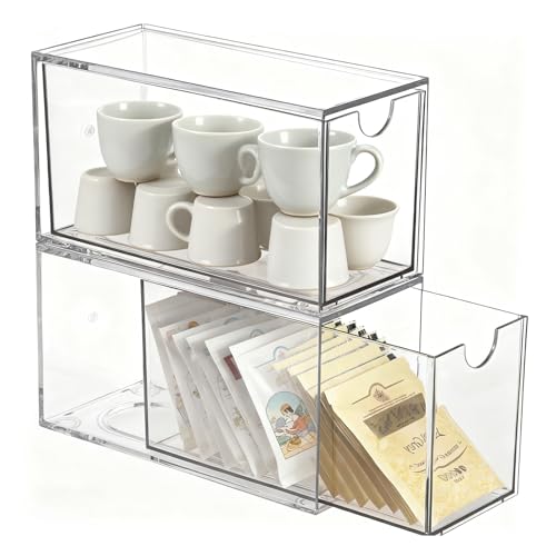 Houkiper Coffee Pod Storage - 2 Pack Clear Organiser for Tea Bags, Sugar, and Coffee Pods - Acrylic Stackable Drawers for Kitchen
