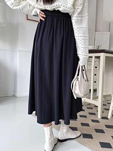ELDINA Women's Summe Casual Maxi Long Skirt Solid Fold Pleated Skirt (Color : Navy Blue, Size : Small)2