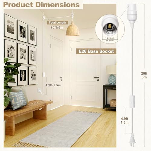 DiCUNO Hanging Lantern Extension Cord Cable, E26 Pendant Light Socket On Off Inline Cord Switch Control Lamp, Switch Close to Polarized Plug, 20 Feet (6M), White, 4-Pack by DiCUNO - Image 2
