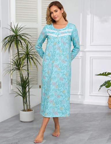 Image of IZZY + TOBY Nightgowns for Women Long Sleeve Soft Cotton Long Warm Nightdress Kintted Night Gown
