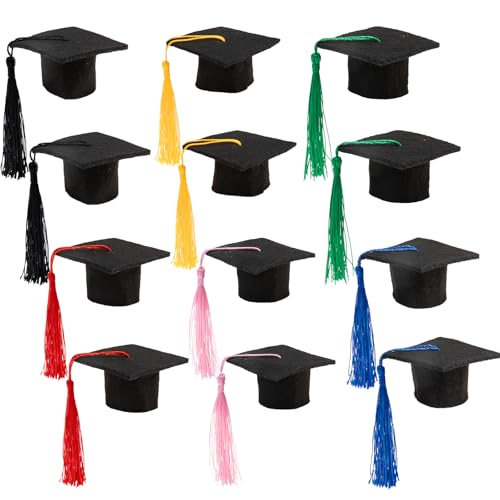 Gloreyan 12 Pack Mini Graduation Caps with Tassel 6 Colors Grad Hat Wine Bottle Toppers for Class of 2026 Graduation Party Decoration Supply