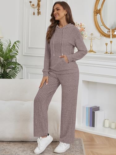 LILLUSORY Women 2 Piece Lounge Pajamas Sets Ribbed Knit Long Sleeve Sweater Hoodies Pants Matching Set 2025 Fall Outfits3