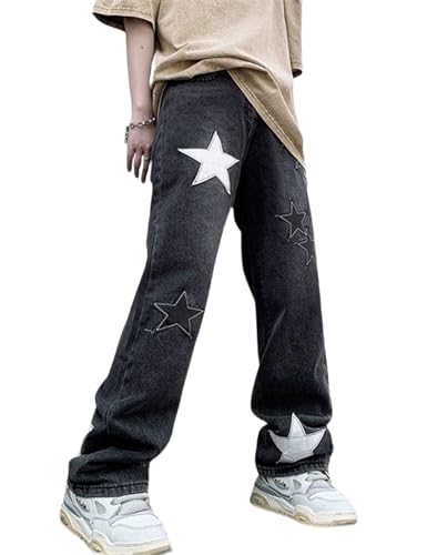 Men's Y2K Jeans Hip Hop Baggy Denim Pants Vintage Graphic Star Jeans Loose Fit Straight Trousers