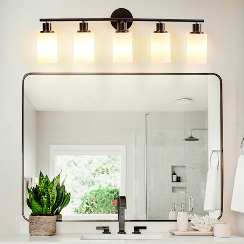 Image of DLLT 5-Light Bathroom Light Fixtures: Black Modern Vanity Lights with E26 Bulbs - Milky White Glass Shade Bathroom Wall Lamp for Mirror Kitchen Living Room Hallway Cabinet Porch