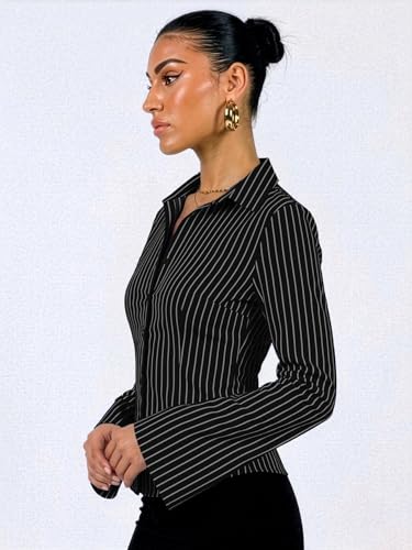 Image of Aahwan Striped Button Down Flared Bell Long Sleeve Casual Shirt for Women's & Girl's