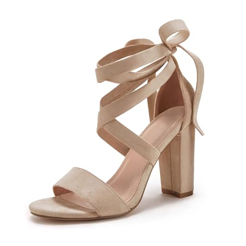 Huiyuzhi Womens Strappy Heels Lace up High Heeled Sandals Chunky Block Ankle Tie Pumps Dress Party Shoes