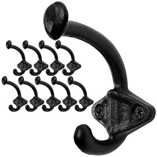 Image of SKOLOO Black Cast Iron Wall Hooks - Farmhouse Style, Pack of 10, Dual-Direction Hanging Design - Ideal for Coat, Backpack, Towel - Perfect for Entryway, Mud Room, Bathroom Dry Area