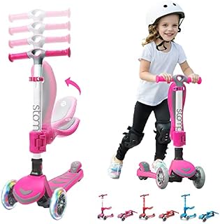 Stompa 3 Wheel Scooter 2-in-1 Kids Scooter with Seat, Foldable Toddler Scooters for Kids Ages 2 -8 Years Old Boy Girl with 4 Adjustable Height, Kick Scooter with Lean-to-Steer and Light Up LED Wheels