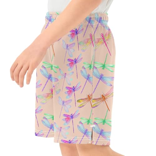 CHIFIGNO Dragonflies Pastel Rainbow Pull-On Boys Soccer Shorts Elastic Waist Kids Boys Vacation Outfits with Pockets XS4
