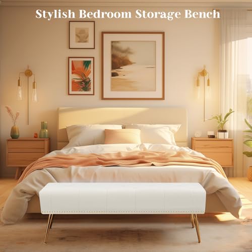 ROWHY 45\" Velvet Ottoman Bench, End of Bed Bench with Gold Base & Diamond Tufted Design for Living Room, Mid-Century Modern Upholstered Bench with Seating for Entryway, Ivory - Thumbnail 7