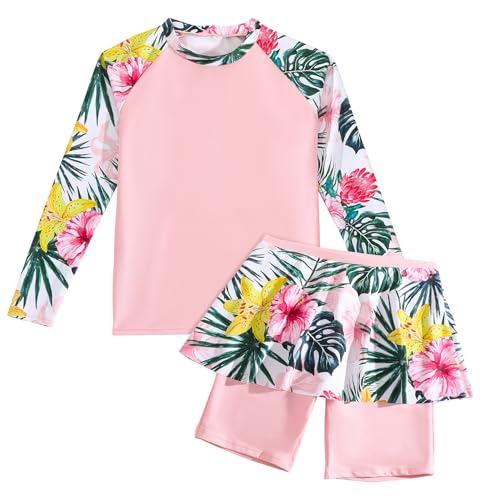 Image of Rash Guard Swim Set for Girls Long Sleeve Bathing Suit 2 Piece UPF 50+ Swimwear Printed Swimsuit Skirt with Shorts Pink 9-10 Years