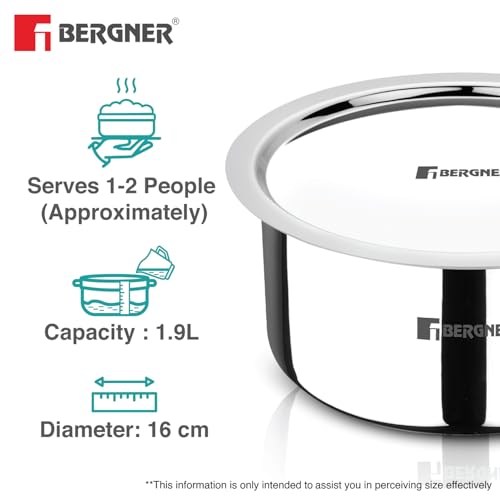 Image of Bergner Argent 16cm (1.9L) Triply Tope with Stainless Steel Lid, Small Topia /Patila, Flared Lid, Consumes Less Oil, Healthy Cooking, Food Safe, Even Heat Distribution - Induction and Gas Stove Ready
