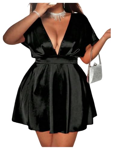 Image of WDIRARA Women's Plus Size Deep V Neck Bubble Dress Short Sleeve A Line Mini Dresses