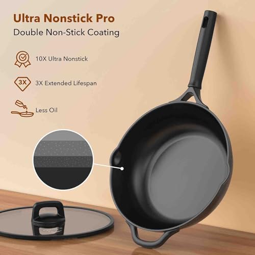 PekGema Nonstick Pots and Pans set, Non Stick Cookware Set 14 Pcs, Induction Cooking Set with Pour Spouts and Stay Cool Handle, PFOA FREE, Classic Black - Image 5