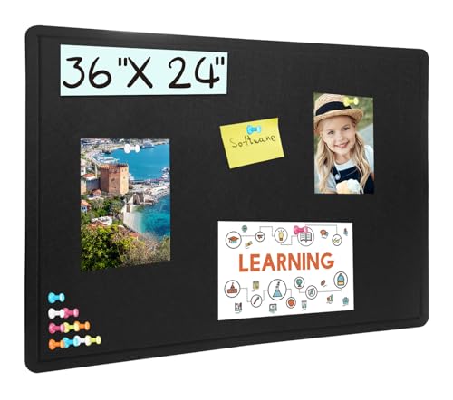 Bulletin Board, 36 X 24 inches Cork Board with 20 Pushpin, Felt Cork Board Notice Pin Board, Self-Adhesive Vision Board Mood Board Foldable Photo Board for Wall - Black