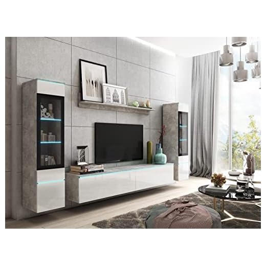 PIASKI Conjunto de Muebles de salón Vera II, iluminación LED Opcional, Juego de Muebles de salón, Distintos Colores (Hormigón/Blanco Brillo, con iluminación LED)