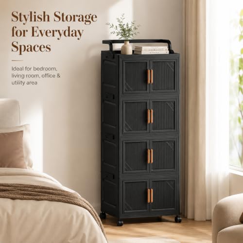 Image of KRISHYAM 4-Tier Plastic Storage Cabinet with 8 Doors & Wheels, Water-Resistant Multipurpose Clothes Organizer, Modular Cupboard for Bedroom, Bathroom & Home, 109 x 46 x 27 cm
