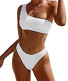 YIMISAN Womens Bikini Sets One Shoulder Top with Low Waisted Tankini Two Piece Bathing Suit White