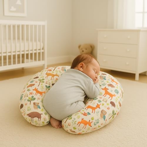 Image of Proliva Feeding Pillow for New Born Baby with Detachable Cover Breast Feeding, Maternity Nursing Pillow for Breastfeeding Set of Support for Baby Feeding Pillow Mom Home (Off White Jungle-K1)