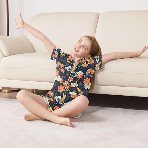 senya Flower on Bird Satin Summer Pajama Sets Silk Short Sleeve Button Down Sleepwear 6