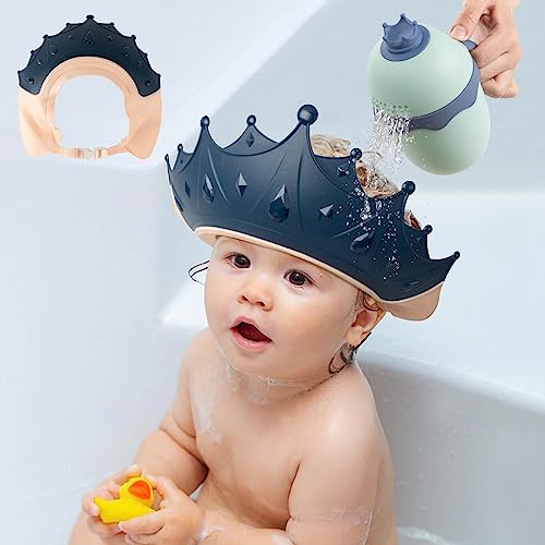 Image of FUNUPUP Baby Shower Cap for Kids, Baby Bath Shampoo Visor Cap Hair Washing Shield Adjustable, Set Blue Crown