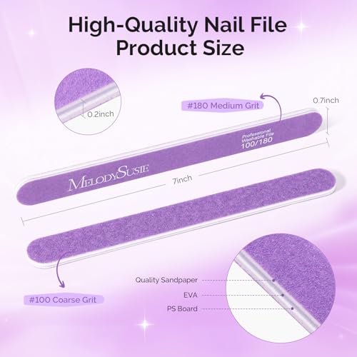 Image of MelodySusie 2Pcs Professional Nail Files 100 /180 Grit, Double Sided Straight Shape Emery Boards for Acrylic, Gel and Natural Nails, Manicure Pedicure Shaping Tools for Home Salon, Purple