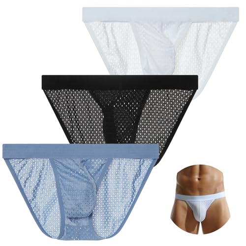 FEOYA Men's Bikini Briefs Underwear See Through Mesh Panties Low Rise Thong Briefs Breathable Bulge Pouch Briefs Underpants