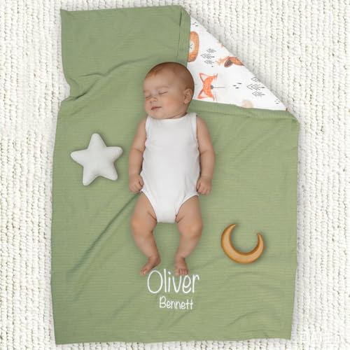 Image of Personalized Baby Blanket with Name - Custom Knit Blanket, 27x40in Embroidered Nursery Blanket for Girls & Boys Woodland- Customized Baby Blanket, Soft Newborn Gift & Custom Baby Gift (Leaf)