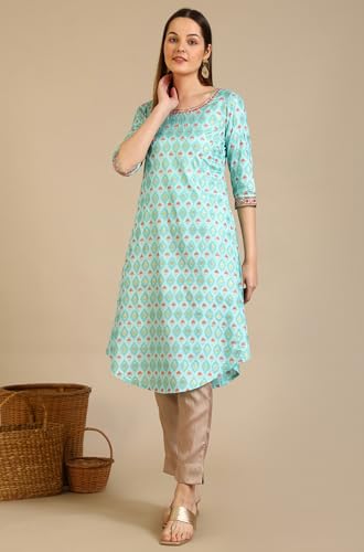 Image of Aurelia Women's Blue Floral Printed Shantung A-line Kurta