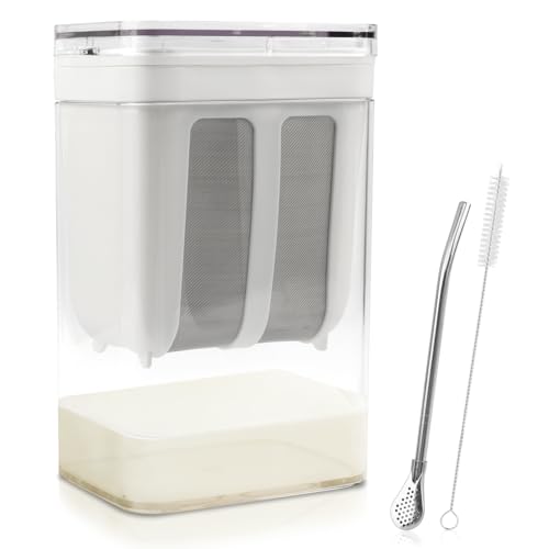 1100ml Greek Yogurt Strainer with Straw Spoon & Brush, Multi Yoghurt Maker Strainer with Fine Mesh Bag & Lid Greek Yogurt Maler for Whey Separation,Fits Nut Milk,Juice,Kefir,Tofu - Thumbnail 3