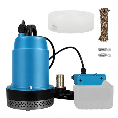 Ceritica 水中ポンプ 300W コードレス 清水用 潜水ポンプ 18Vバッテリー対応 純銅モーター 最大7000L/h 強力排水 1インチ出水口 揚程7m 5mホース付属 5mロープ付き 25mmホースアダプター 農業 散水 排水 給水用【本体のみ・バッテリーと充電器別売】