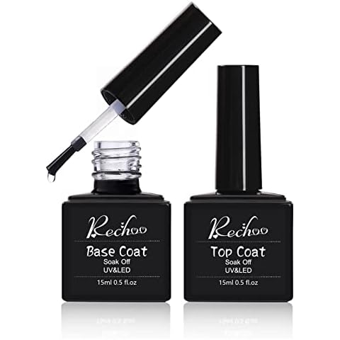 Rechoo 2pcs Base and Top Coat (15ML*2), Unterlack & Überlack Set for Nail Art, No Wipe UV Gel Nagellack Gellack für Nageldesign Cover