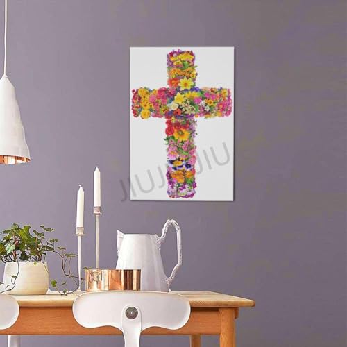 JIUJIUJIU Religion Canvas Painting Artwork Cross with Flowers Wall Art Poster Mural for Living Room Apartment Decor. Frameless 20 * 30cm Frameless 20 * 30cm