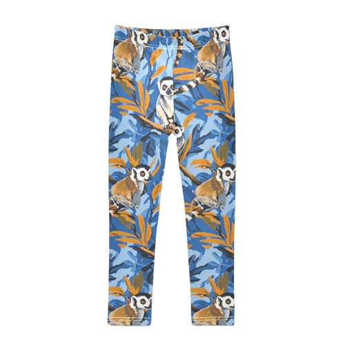 Lemurs Madagascar on Blue Pattern Kids Girl's Legging Casual Full Length Activewear Sports