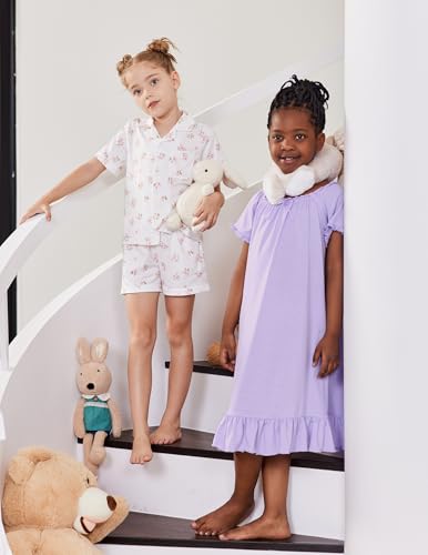 Image of Arshiner Girls Pajamas Sets Short Sleeve Kids Pjs Button Down Sleepwear | Cute Printed Pajamas for Little & Big Girl, Lightweight Comfy Fabric, 2-Piece Outfits, Perfect for Lounge Pajamas Party