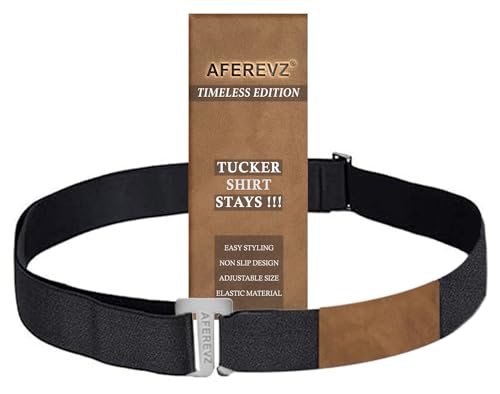 Image of Aferevz Tucker Shirt Stay Belt with Leather Patch for Extra Hold, Anti-Slip Technology, Elastic Formal Garter Stretchable with Adjustable Size, for Office and School Wear for Men and Women (Black)